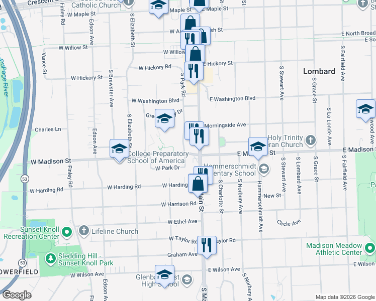 map of restaurants, bars, coffee shops, grocery stores, and more near 566 South Main Street in Lombard