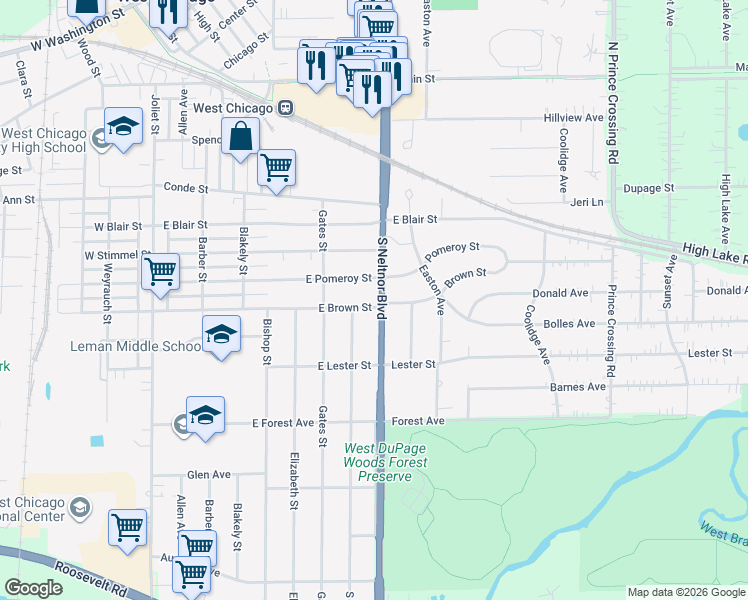 map of restaurants, bars, coffee shops, grocery stores, and more near 650 South Neltnor Boulevard in West Chicago