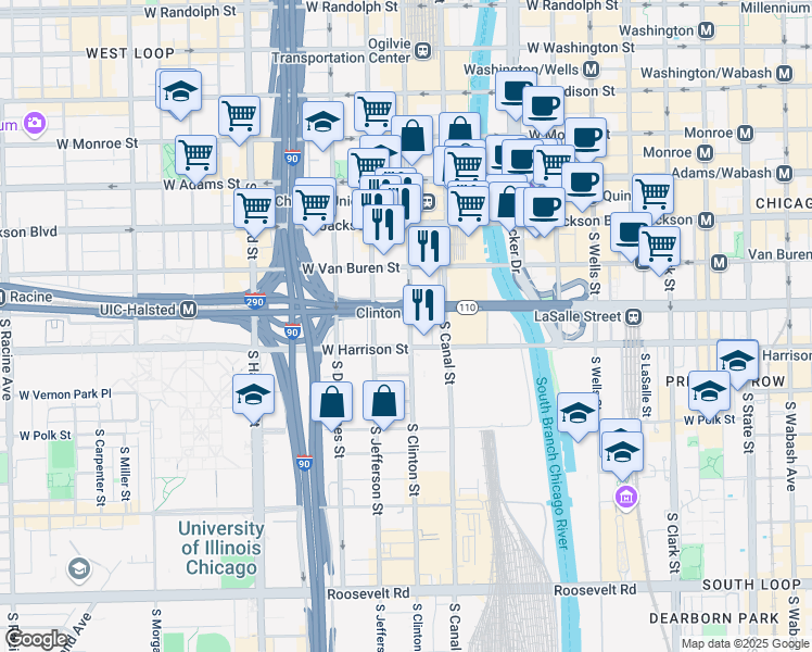 map of restaurants, bars, coffee shops, grocery stores, and more near 506 West Harrison Street in Chicago