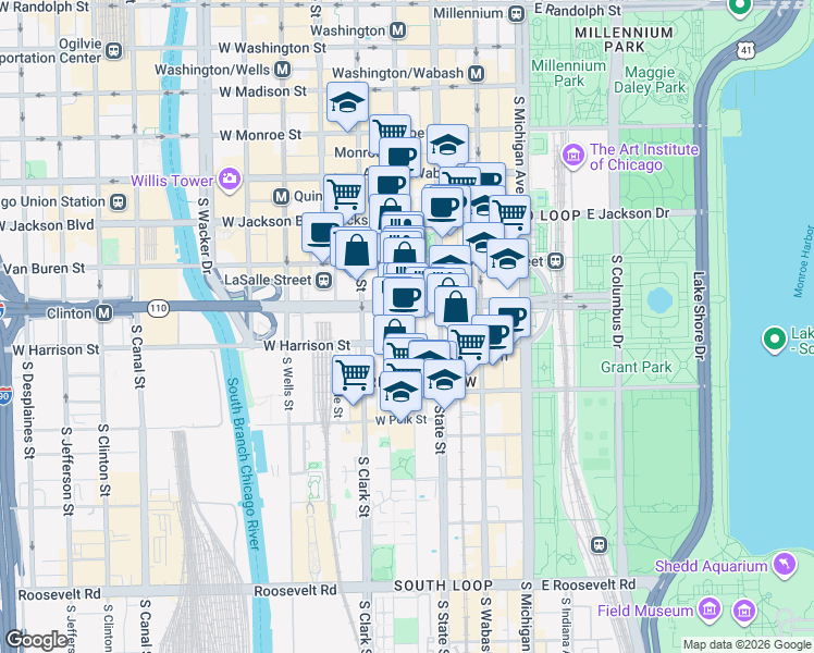 map of restaurants, bars, coffee shops, grocery stores, and more near 525 South Dearborn Street in Chicago