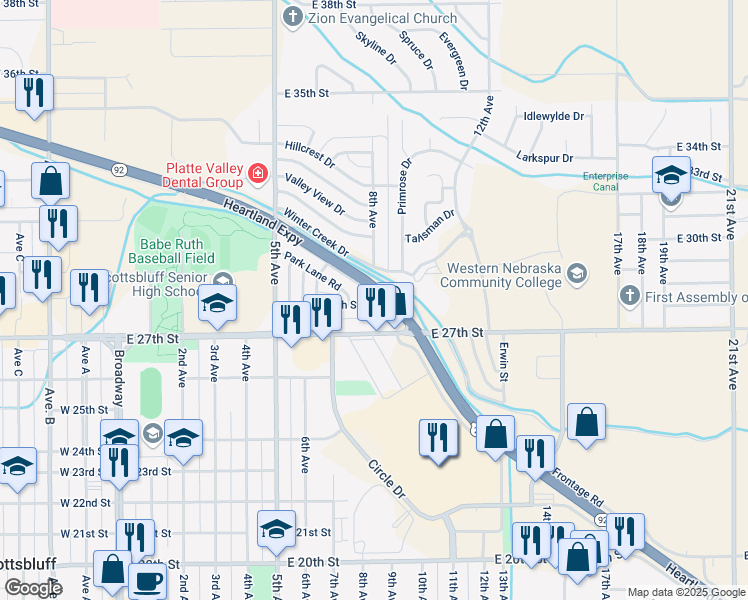 map of restaurants, bars, coffee shops, grocery stores, and more near State Highway 71 in Scottsbluff