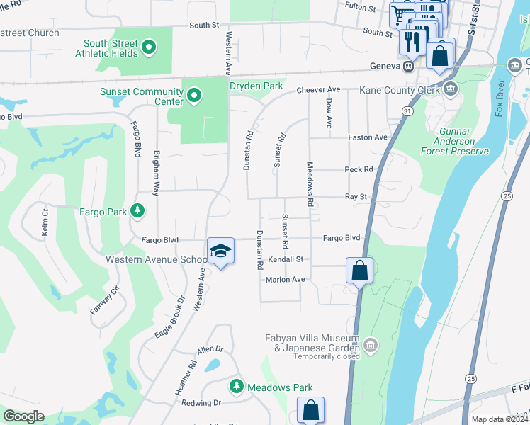 map of restaurants, bars, coffee shops, grocery stores, and more near 1117 Dunstan Road in Geneva