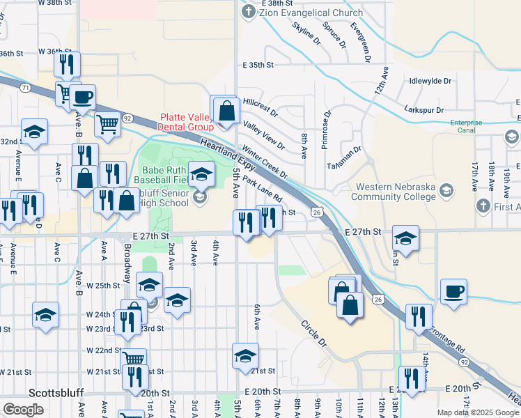 map of restaurants, bars, coffee shops, grocery stores, and more near 2801 6th Avenue in Scottsbluff