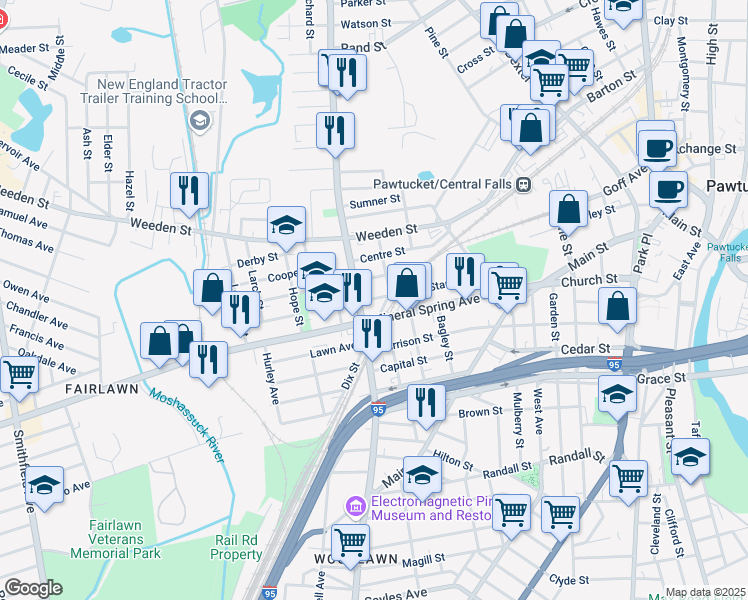 map of restaurants, bars, coffee shops, grocery stores, and more near Alice Street in Pawtucket