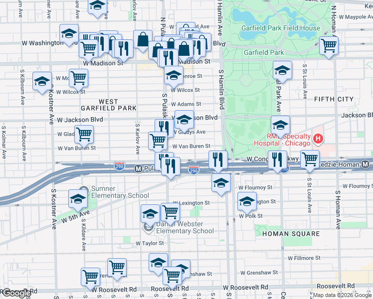 map of restaurants, bars, coffee shops, grocery stores, and more near 3934 West Van Buren Street in Chicago
