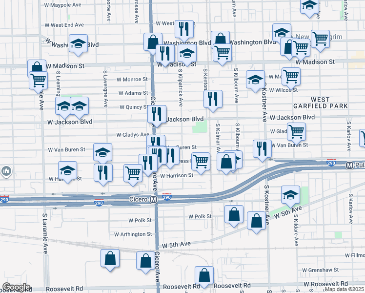 map of restaurants, bars, coffee shops, grocery stores, and more near W Van Buren St & S Kilpatrick Ave in Chicago