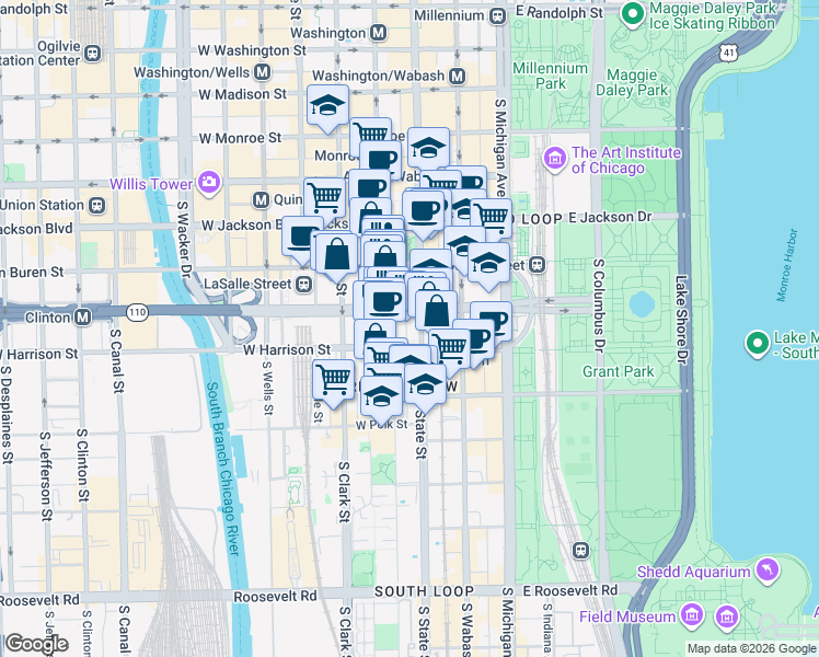 map of restaurants, bars, coffee shops, grocery stores, and more near 520 South State Street in Chicago
