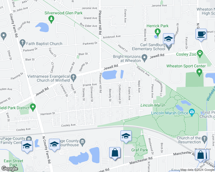 map of restaurants, bars, coffee shops, grocery stores, and more near 26W166 Prairie Avenue in Wheaton