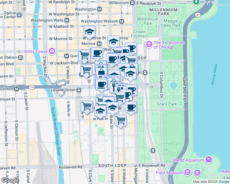 map of restaurants, bars, coffee shops, grocery stores, and more near 525 South State Street in Chicago