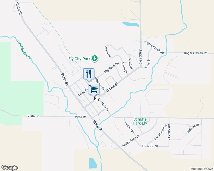 map of restaurants, bars, coffee shops, grocery stores, and more near 1555 Broadview Court in Ely