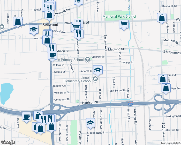 map of restaurants, bars, coffee shops, grocery stores, and more near 3504 Adams Street in Bellwood