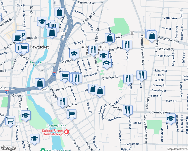 map of restaurants, bars, coffee shops, grocery stores, and more near 130 Johnson Street in Pawtucket