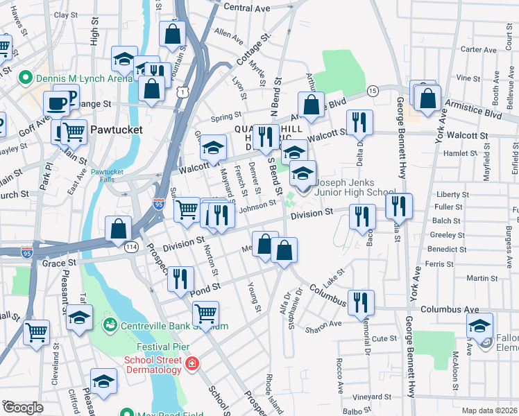 map of restaurants, bars, coffee shops, grocery stores, and more near 130 Johnson Street in Pawtucket