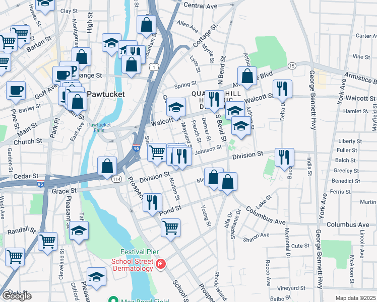 map of restaurants, bars, coffee shops, grocery stores, and more near 63 Potter Street in Pawtucket