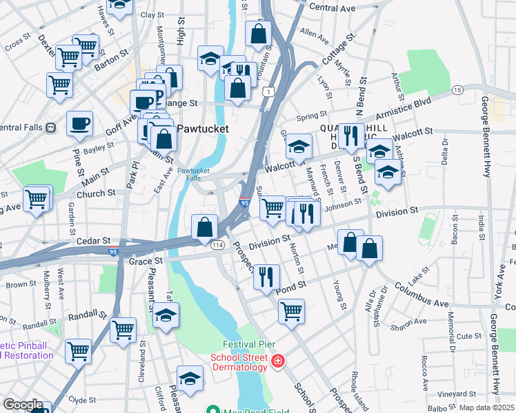 map of restaurants, bars, coffee shops, grocery stores, and more near 90 Summit Street in Pawtucket