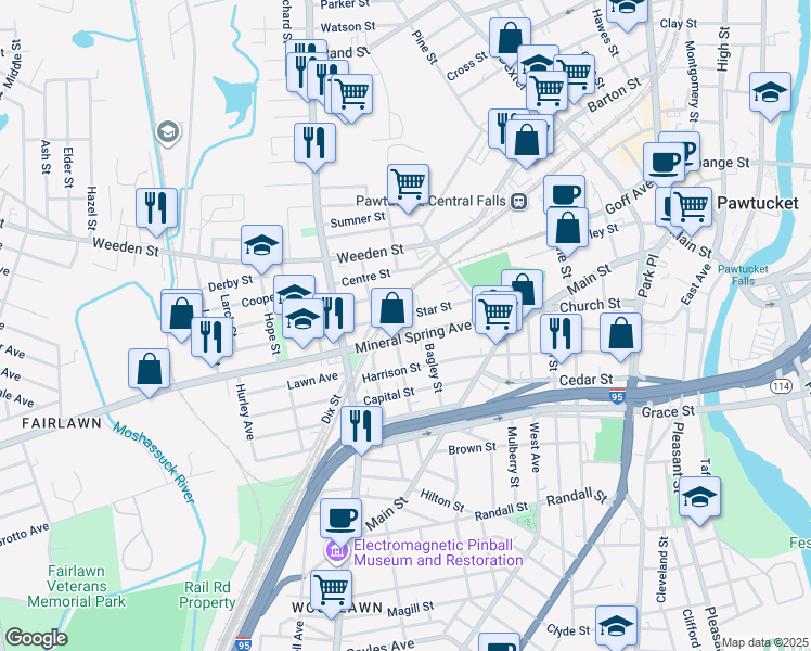 map of restaurants, bars, coffee shops, grocery stores, and more near 20 Franklin Street in Pawtucket