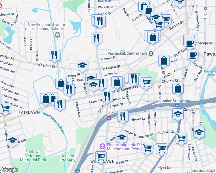 map of restaurants, bars, coffee shops, grocery stores, and more near 273 Lonsdale Avenue in Pawtucket