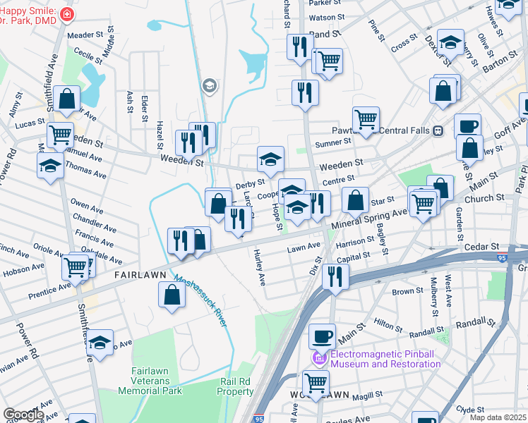 map of restaurants, bars, coffee shops, grocery stores, and more near 54 Cooper Street in Pawtucket