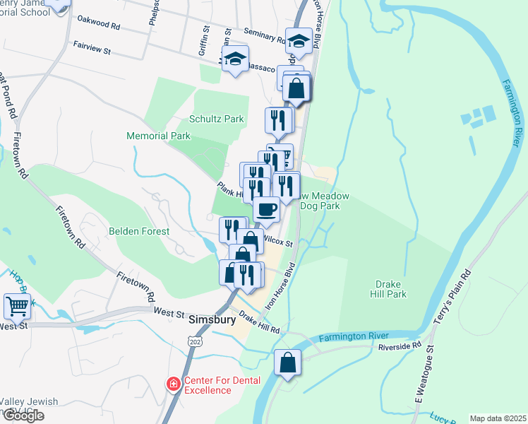 map of restaurants, bars, coffee shops, grocery stores, and more near 5 Phelps Lane in Simsbury