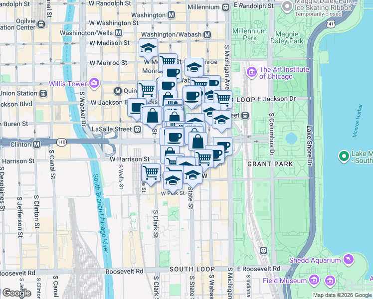 map of restaurants, bars, coffee shops, grocery stores, and more near 520 South State Street in Chicago