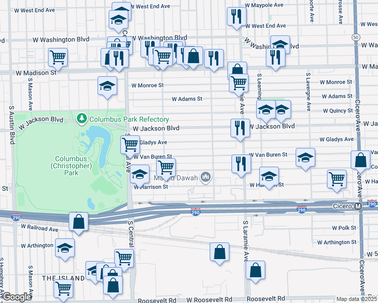 map of restaurants, bars, coffee shops, grocery stores, and more near 5337 West Gladys Avenue in Chicago