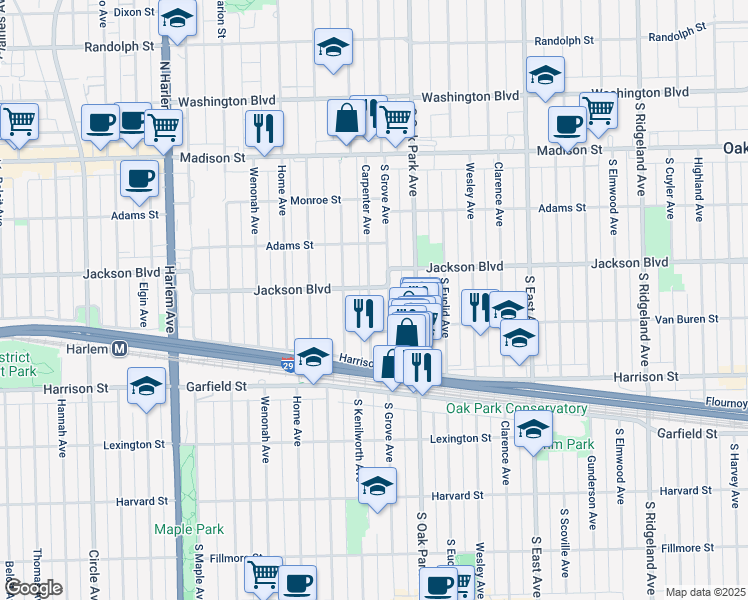 map of restaurants, bars, coffee shops, grocery stores, and more near 733 Carpenter Avenue in Oak Park