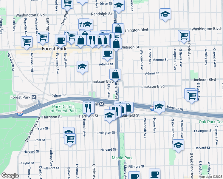 map of restaurants, bars, coffee shops, grocery stores, and more near 610 Elgin Avenue in Forest Park