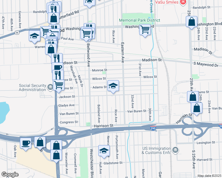 map of restaurants, bars, coffee shops, grocery stores, and more near 3327 Adams Street in Bellwood