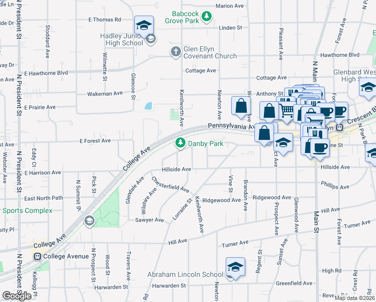 map of restaurants, bars, coffee shops, grocery stores, and more near 310 Duane Street in Glen Ellyn