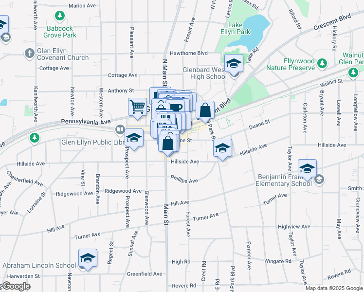 map of restaurants, bars, coffee shops, grocery stores, and more near 424 Forest Avenue in Glen Ellyn