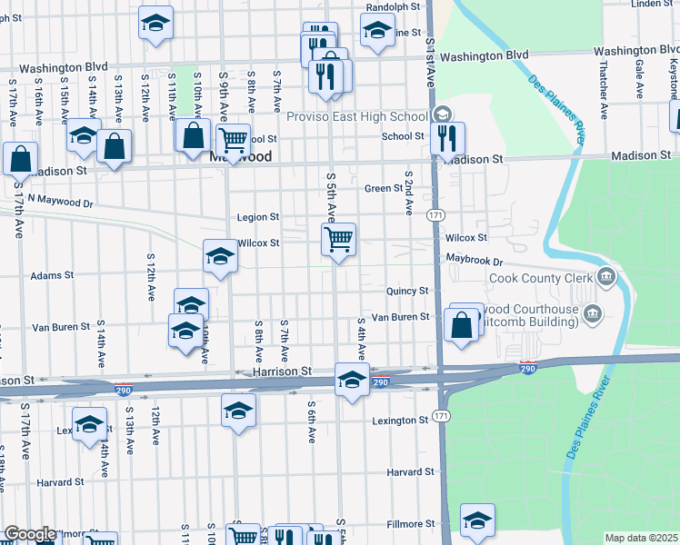 map of restaurants, bars, coffee shops, grocery stores, and more near 1323 South 5th Avenue in Maywood