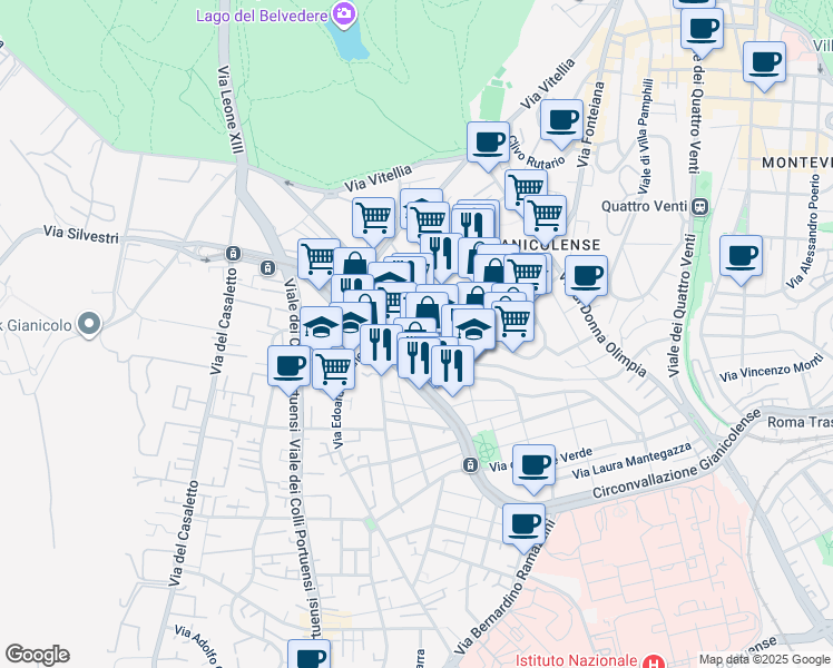 map of restaurants, bars, coffee shops, grocery stores, and more near 28 Piazza San Giovanni di Dio in Roma