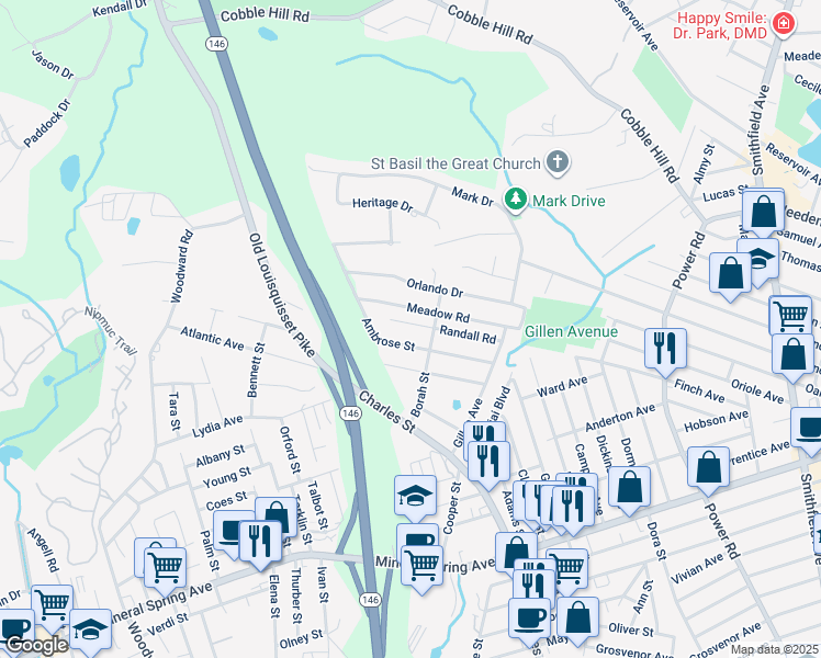 map of restaurants, bars, coffee shops, grocery stores, and more near 102 Meadow Road in North Providence