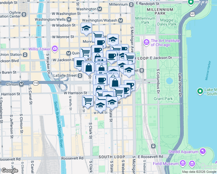 map of restaurants, bars, coffee shops, grocery stores, and more near 520 South State Street in Chicago