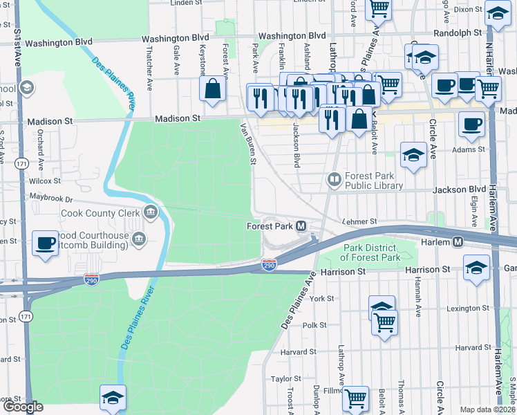 map of restaurants, bars, coffee shops, grocery stores, and more near 7753 Van Buren Street in Forest Park