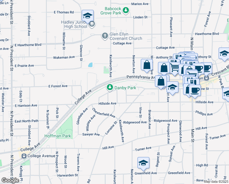 map of restaurants, bars, coffee shops, grocery stores, and more near 310 Duane Street in Glen Ellyn