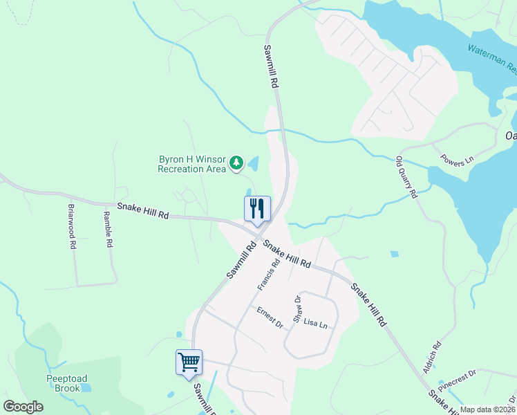 map of restaurants, bars, coffee shops, grocery stores, and more near 215 Sawmill Road in Glocester