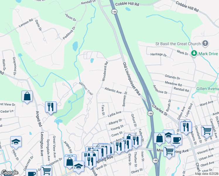 map of restaurants, bars, coffee shops, grocery stores, and more near 15 Atlantic Avenue in North Providence