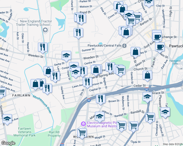 map of restaurants, bars, coffee shops, grocery stores, and more near Alice Street in Pawtucket