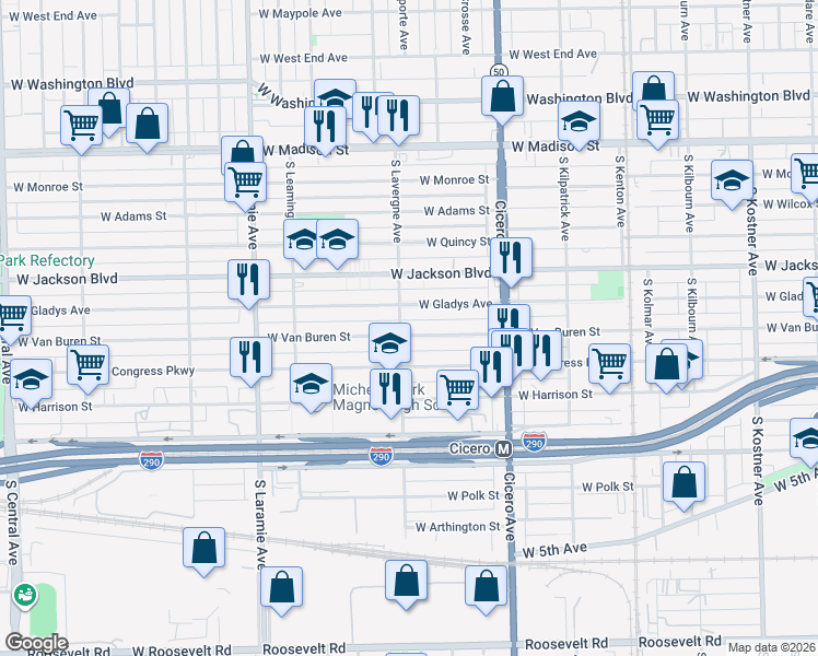 map of restaurants, bars, coffee shops, grocery stores, and more near 4942 West Van Buren Street in Chicago