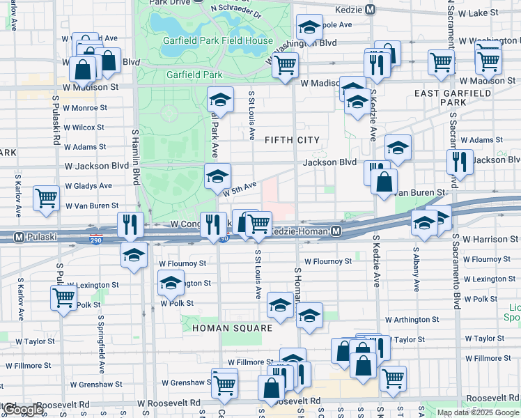 map of restaurants, bars, coffee shops, grocery stores, and more near 3402 West Van Buren Street in Chicago