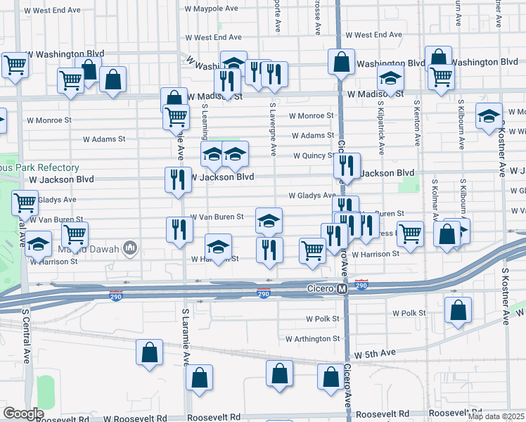 map of restaurants, bars, coffee shops, grocery stores, and more near 5018 West Van Buren Street in Chicago
