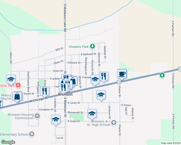 map of restaurants, bars, coffee shops, grocery stores, and more near 234 North Lincoln Street in Bronson
