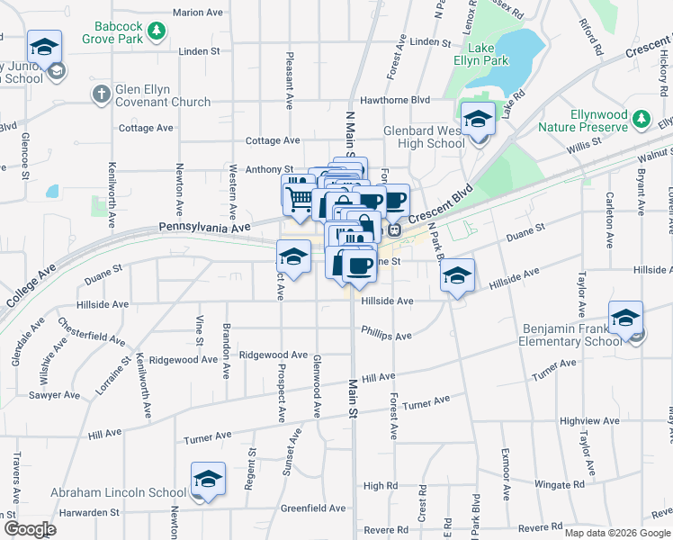 map of restaurants, bars, coffee shops, grocery stores, and more near 493 Duane Street in Glen Ellyn