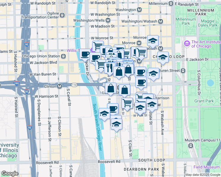 map of restaurants, bars, coffee shops, grocery stores, and more near 414 South LaSalle Street in Chicago