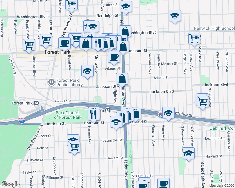 map of restaurants, bars, coffee shops, grocery stores, and more near 610 Elgin Avenue in Forest Park