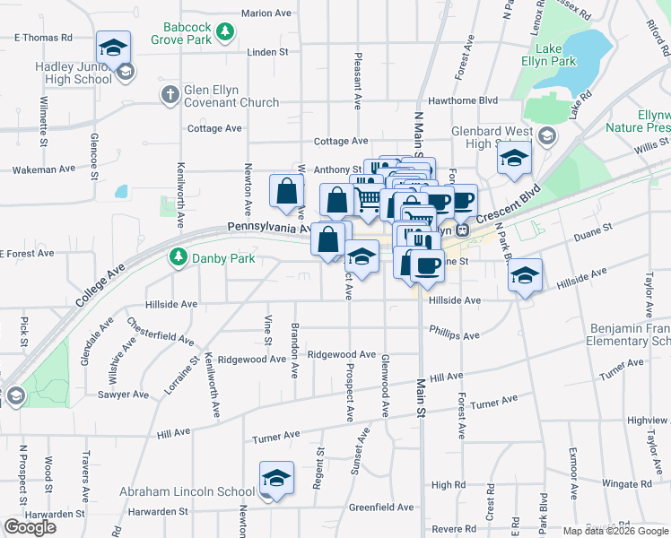 map of restaurants, bars, coffee shops, grocery stores, and more near 437 Duane Street in Glen Ellyn