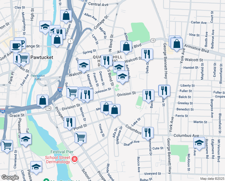 map of restaurants, bars, coffee shops, grocery stores, and more near 130 Johnson Street in Pawtucket
