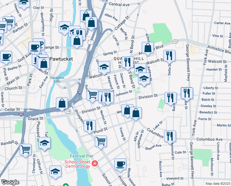 map of restaurants, bars, coffee shops, grocery stores, and more near 80 French Street in Pawtucket
