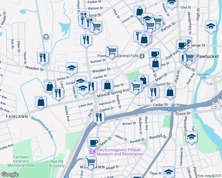map of restaurants, bars, coffee shops, grocery stores, and more near 20 Franklin Street in Pawtucket